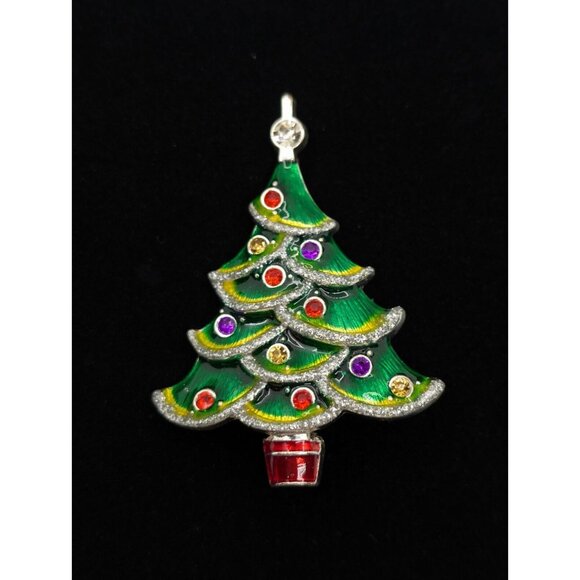 Unmarked Macy's Christmas Tree Brooch Pin Faux Rhinestone & Glitter Enamel 2.5" - Picture 1 of 8